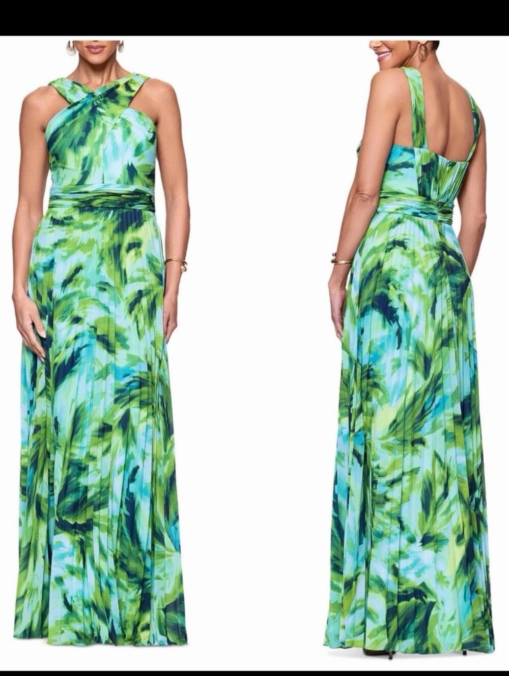 Xscape Green Blue Abstract Pleated Maxi Dress Criss Cross Formal Size 10 $249